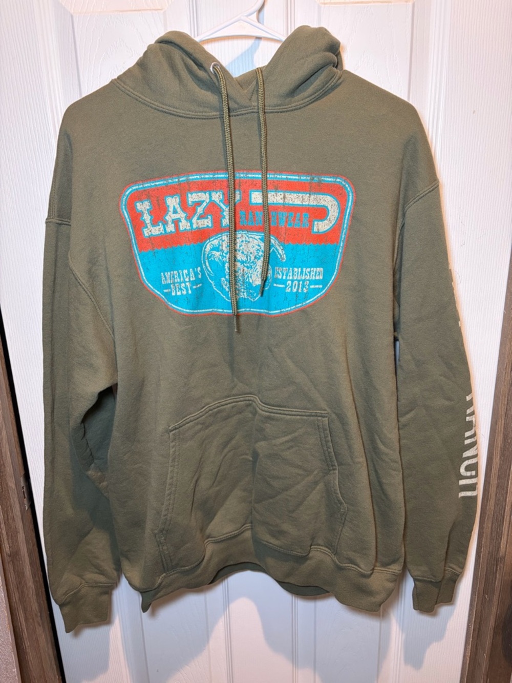 Lazy J Ranch Wear Olive Green Graphic Pullover Hoodie Size Large